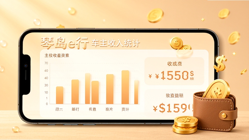 琴岛e行车主收入统计页面,手机屏幕显示柱状图和金额数字,旁边有金币和钱包元素,背景为柔和的暖色调,突出收益感与安全感
