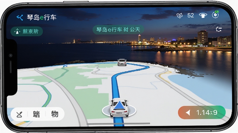 琴岛e行车主导航界面,手机横屏显示地图路线,车辆图标沿蓝色路径行驶,背景为青岛沿海夜景,灯光璀璨,体现安全出行与精准导航