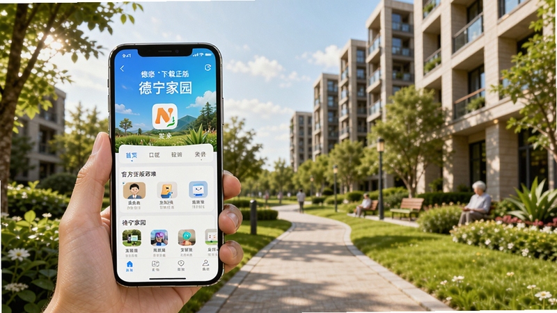 德宁家园 下载app 官方正版宣传图 画面主体为一部智能手机屏幕亮起展示德宁家园应用首页界面 背景区域是现代化居民小区绿化步道与楼宇 阳光明媚 风格写实温馨 突出社区生活氛围