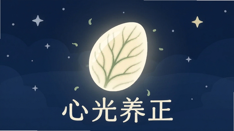画面中心是一颗散发着柔和暖白色光芒的种子,种子表面有细微的绿色叶脉纹理,背景是深蓝色的静谧夜空与点点星光,整体风格采用扁平化插画设计,色调以深蓝、暖白、浅绿为主,画面宁静治愈,象征心灵成长与正念觉醒,软件名称心光养正以艺术字体悬浮于画面底部
