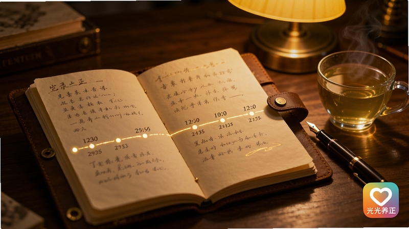 画面中心是一本摊开的复古皮质笔记本,笔记本页面上浮现出淡金色的文字与时间轴线条,旁边放着一支钢笔和一杯冒着热气的清茶,背景是暖黄色的台灯光晕,整体风格温馨复古,体现记录与内省的主题,画面角落有微小的心光养正应用图标