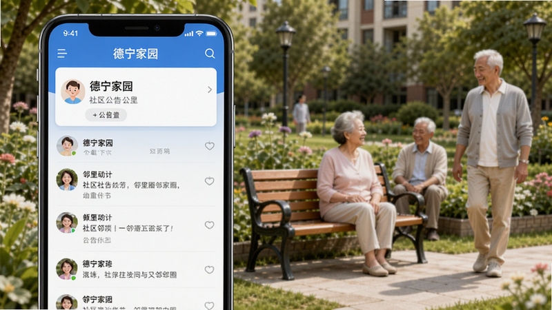 德宁家园 下载app 社区公告与邻里圈功能界面图 画面主体为手机屏幕展示邻里圈动态列表与公告置顶卡片 背景区域为小区中央花园休闲长椅与散步的居民 氛围轻松愉快