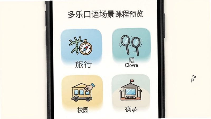多乐口语场景课程页面预览图,画面展示手机屏幕内排列着旅行、职场、校园等课程分类图标,每个图标配有对应的简笔画插图,背景为柔和的米白色,整体布局整齐有序,突出多乐口语的课程丰富性