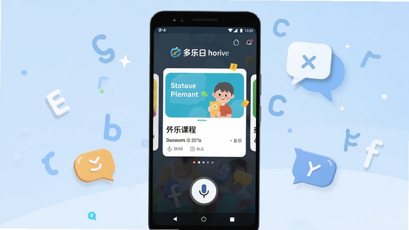一款名为多乐口语的手机应用主界面展示,画面中央放置一部竖屏安卓手机,屏幕显示多乐口语的首页课程卡片和麦克风按钮,背景为淡蓝色渐变,周围点缀英文字母和对话气泡元素,整体风格清新简洁,适合应用商店展示图