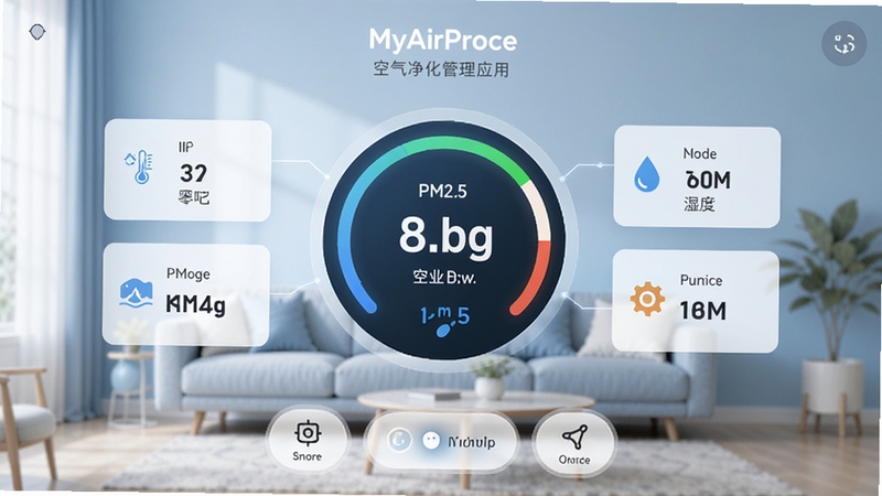 MyAirProce 空气净化管理应用主界面,中央位置展示圆形空气质量指数仪表盘,背景为浅蓝色渐变客厅场景,仪表盘周围环绕温度、湿度、PM2.5数值卡片,底部有设备控制按钮,整体风格清爽科技感,适配Boogu模型生成