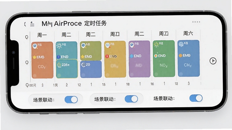 MyAirProce 定时任务设置页面,手机屏幕显示一周七天时间轴,每个时间段有彩色色块代表不同运行模式,下方有场景联动开关按钮,背景为淡灰色极简风格