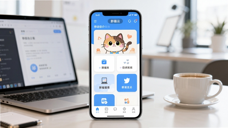 胖猫云 软件主界面展示,画面中央是手机屏幕,屏幕内显示胖猫云应用首页的卡片式功能布局,背景为虚化的现代办公桌面,桌上放着笔记本电脑和一杯咖啡,整体色调明亮简洁,突出移动办公氛围