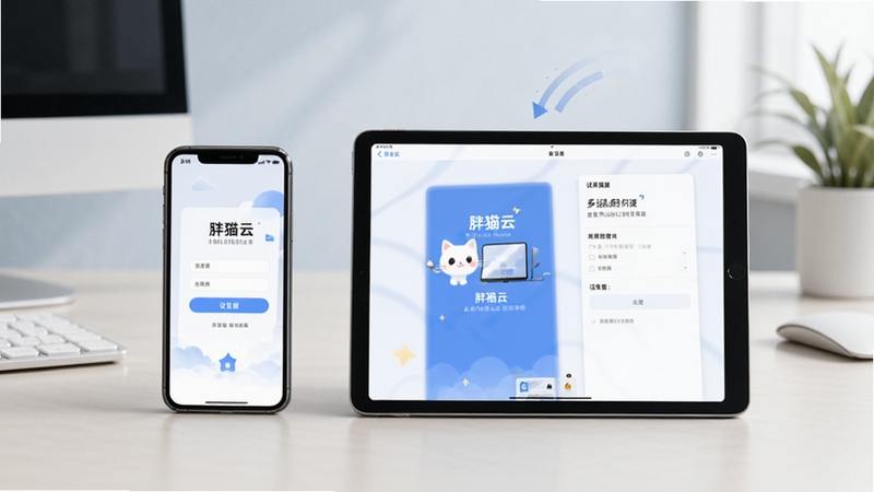 胖猫云 操作步骤示意图,画面展示一部手机和一部平板电脑并排放在桌面上,两部设备屏幕均显示胖猫云的登录和设置界面,背景是简洁的浅色办公环境,突出多设备协同使用的便利性