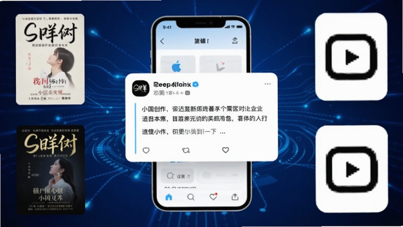 Deep小说推文AI软件界面全景展示,画面中央为手机屏幕悬浮展示推文文案生成界面,背景为深蓝渐变科技感光效,四周环绕小说封面与短视频图标元素,整体风格简洁现代,突出智能创作氛围