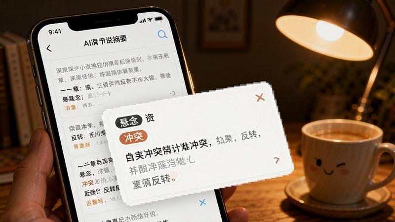Deep小说推文AI情节摘要功能界面,画面展示手机屏幕中小说章节列表与AI自动生成的摘要卡片,卡片上标注悬念、冲突、反转等标签,背景为暖色阅读灯光氛围,突出内容提炼的便捷性