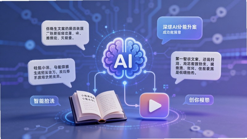 Deep小说推文AI智能文案生成功能展示,画面中心为发光的AI大脑图标连接小说书本与短视频播放按钮,周围漂浮着文案气泡与关键词标签,背景为柔和蓝紫渐变,科技感与创作感并存