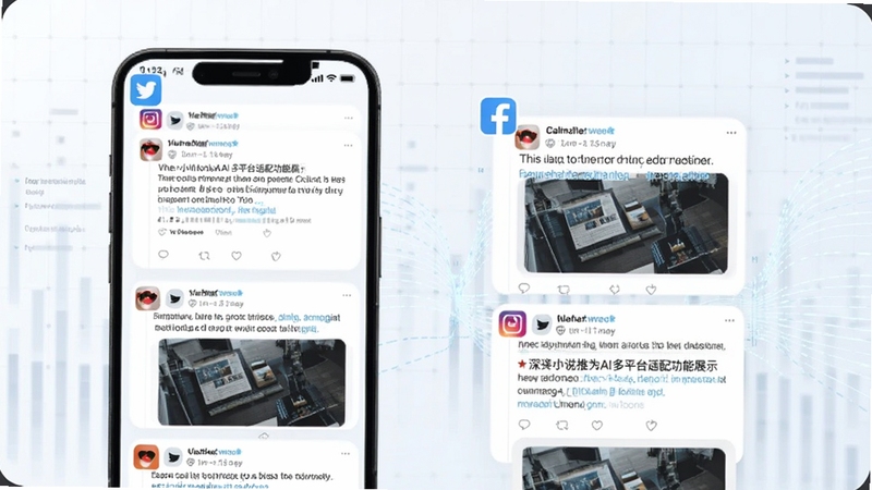 Deep小说推文AI多平台适配功能展示,画面中手机屏幕同时呈现多个社交平台图标与对应的推文样式预览,背景为浅色网格与数据流动线条,整体风格清爽商务