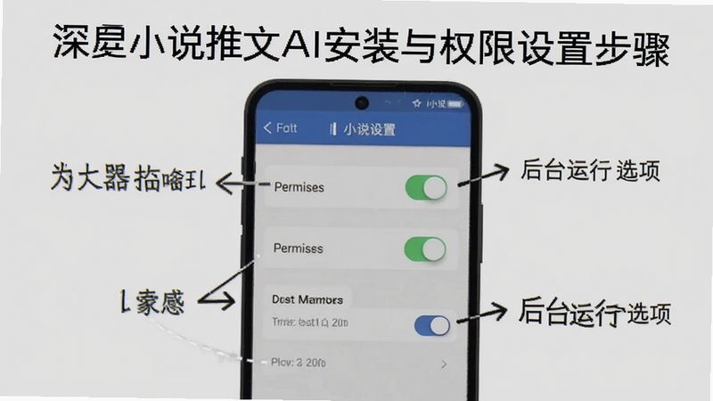 Deep小说推文AI安装与权限设置步骤示意图,画面以手机屏幕截图形式展示设置菜单中的权限开关与后台运行选项,配有箭头指引与文字标注,背景为浅灰纯色,风格清晰直观