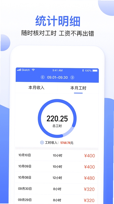 小时工记时薪 工资汇总数据界面