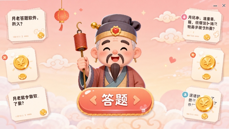 月老答题软件主界面全貌,画面中央为醒目的答题按钮与卡通月老形象,背景为淡粉色渐变天空与祥云装饰,四周环绕题目卡片与金币奖励图标,整体风格活泼喜庆,适配Boogu模型生成