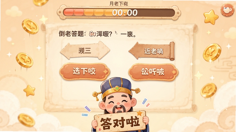 月老答题答题界面截图风格插画,画面中心为一道选择题与四个选项按钮,上方有倒计时进度条,下方有月老卡通形象举着“答对啦”的牌子,背景为柔和暖色调,细节包括金币飘落与星星特效