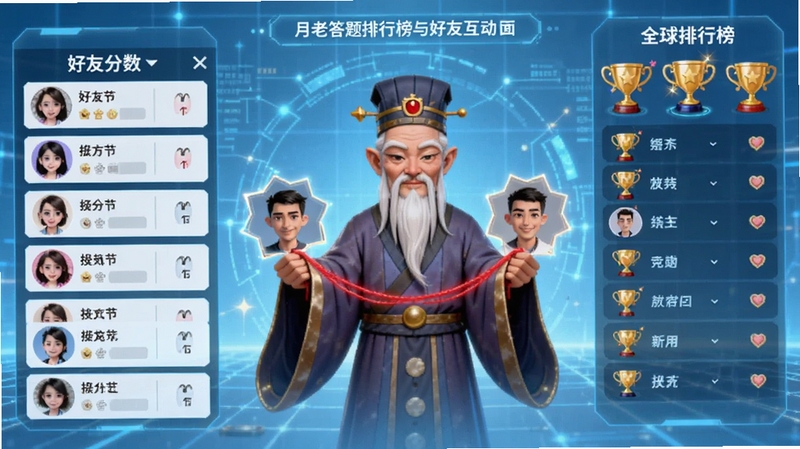 月老答题排行榜与好友互动界面概念图,画面左侧为好友分数列表,右侧为全球排行榜奖杯图标,中间有月老形象手持红线连接两位用户头像,背景为浅蓝色科技感网格,整体突出竞技与社交氛围