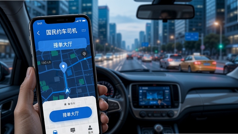 国民约车司机 软件主界面 手机屏幕 接单大厅 地图导航 蓝色科技感 背景城市道路 网约车 司机 手机 应用界面 高清 写实风格