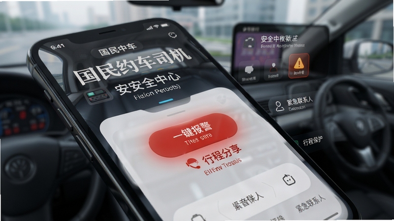 国民约车司机 安全中心界面 手机屏幕 一键报警按钮 行程分享 录音保护 紧急联系人 红色警示色 科技感 高清 写实