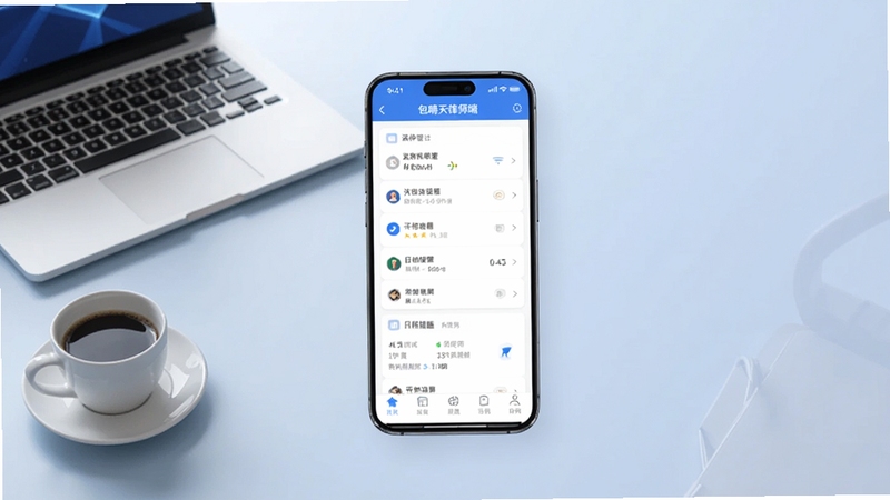 一款名为包晴天律师端的手机应用主界面展示图,画面中心是一部竖屏智能手机,屏幕中显示法律案件管理列表与日程提醒卡片,背景为浅蓝色渐变办公桌面环境,桌面左上角放置一台笔记本电脑和一杯咖啡,整体风格简洁专业商务,色调以蓝白灰为主