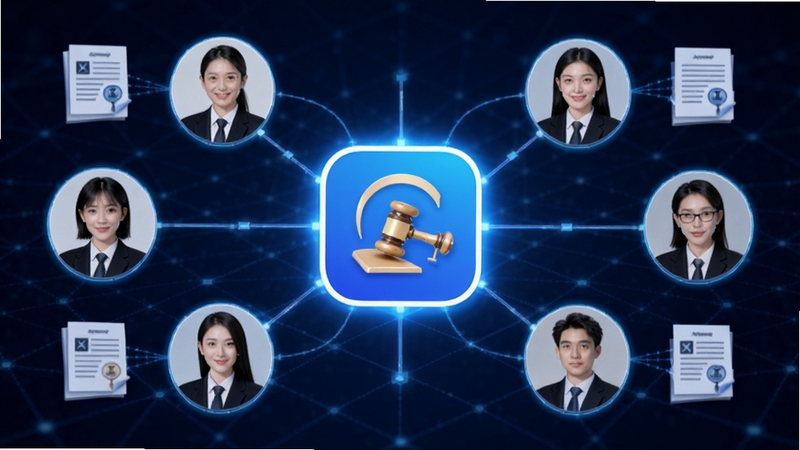 多个律师头像围绕包晴天律师端应用图标形成协作网络示意图,画面中央是发光的应用图标,四周连接着不同角色的律师头像与案件文档图标,背景为深蓝色科技感网格,体现团队协作与信息共享的现代法律办公场景
