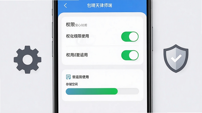 包晴天律师端在手机上的设置与权限管理界面截图风格示意图,画面展示手机屏幕中权限开关列表与存储空间使用条,旁边有齿轮图标和盾牌图标作为装饰元素,背景为浅灰色简洁风格,突出安全设置与优化操作主题