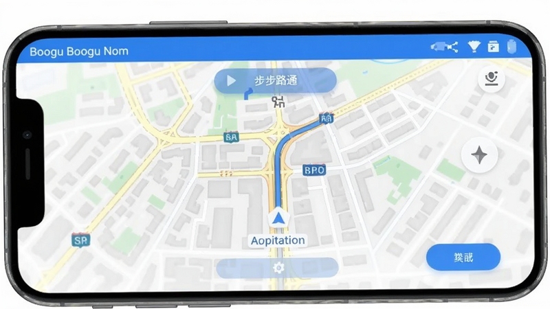 步步路通 软件主界面 城市道路导航 手机屏幕展示 简洁UI 蓝色主题 背景为城市街道地图 主体居中 适配Boogu模型生成