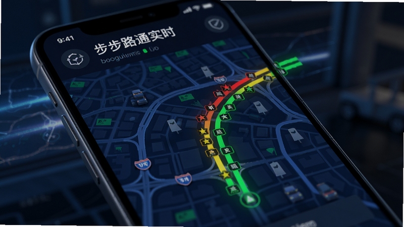 步步路通 实时路况界面 红黄绿线条标注道路拥堵状态 手机屏幕特写 城市地图背景 科技感光效 适配Boogu模型生成
