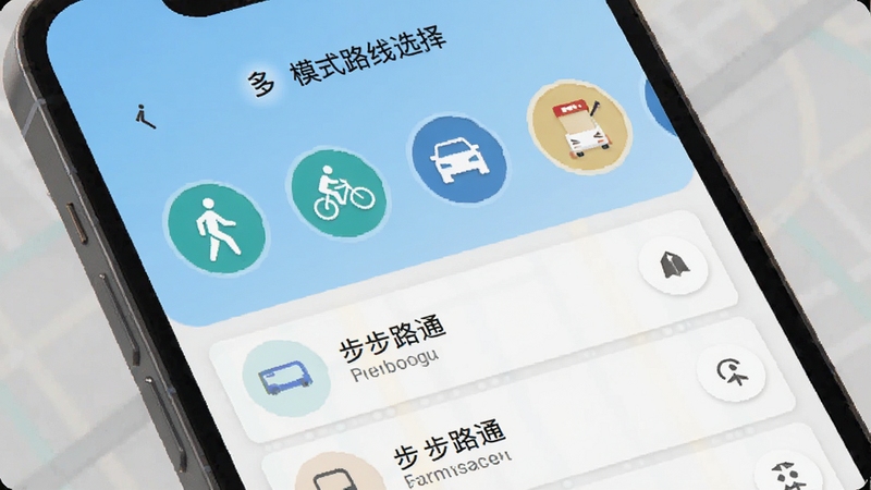 步步路通 多模式路线选择界面 步行骑行驾车图标并列 路线列表展示 手机竖屏 清新配色 适配Boogu模型生成