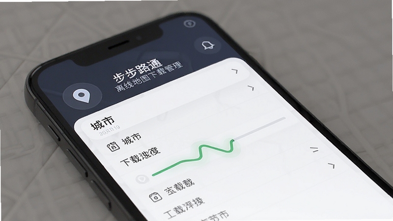 步步路通 离线地图下载管理界面 城市列表 下载进度条 手机屏幕 简约风格 适配Boogu模型生成