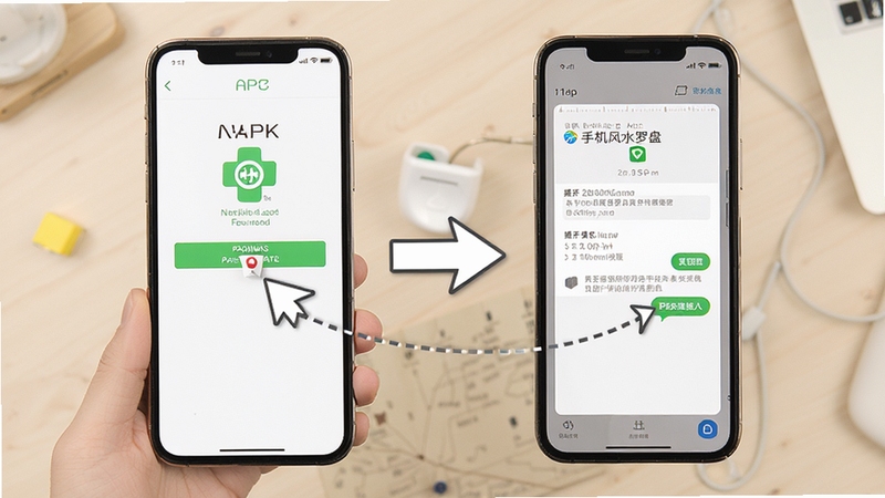 手机风水罗盘 安装步骤示意图 手机屏幕显示APK安装界面与权限授予页面 旁边有箭头标注操作顺序 背景为浅色桌面 风格简洁清晰 适合新手参考 高清图