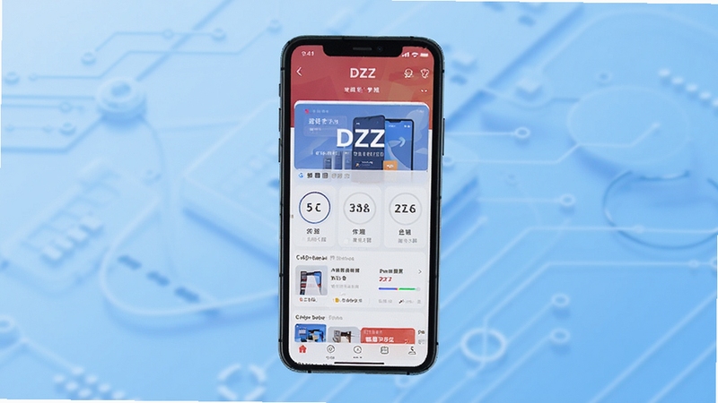 DZZ软件主界面全貌展示,画面中央为手机屏幕显示DZZ应用主页,背景为浅蓝色渐变科技风格,整体色调清爽简洁,适配Boogu模型生成
