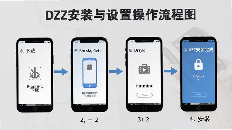 DZZ安装与设置操作流程图,画面以手机屏幕截图形式展示从下载到安装完成的各个步骤,背景为简洁的浅灰色,突出教程指导性质