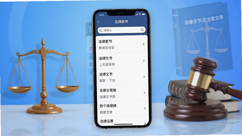 法匣子软件主界面全貌展示,画面中央为手机屏幕内呈现法律文书分类列表与搜索框,背景区域为简洁的蓝色渐变与法律天平、法典元素点缀,整体风格专业沉稳,适配Boogu模型生成
