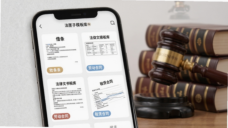 法匣子法律文书模板库界面,手机屏幕显示借条、劳动合同、租赁合同等模板卡片列表,背景为淡灰色纹理与法律书籍堆叠元素,画面明亮清晰,细节突出模板分类标签,适合Boogu模型生成
