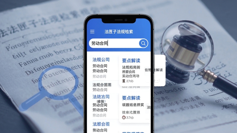 法匣子法规检索页面,手机屏幕展示搜索框输入“劳动合同”后呈现的法规列表与要点解读卡片,背景区域为抽象的法律条文纹理与放大镜图标,整体色调为蓝白相间,清晰展示检索交互,适配Boogu模型生成