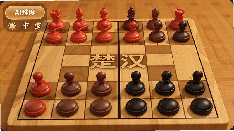 全民免费象棋 手机端木质棋盘对弈界面 楚河汉界清晰 红黑棋子立体圆润 背景为暖色木纹桌面 左上方显示AI难度选择按钮 整体风格简洁大方 适合作为软件下载站展示图
