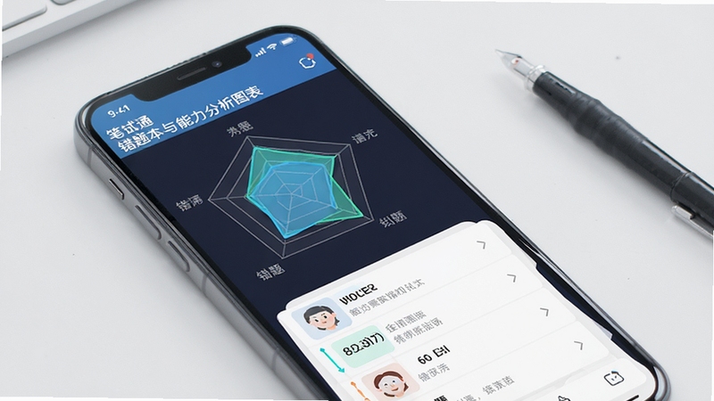 笔试通 错题本与能力分析图表 手机界面展示雷达图和错题列表 配色清爽 数据可视化风格