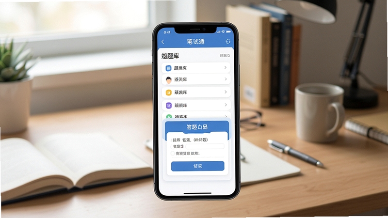 笔试通 界面全貌 手机屏幕中央展示题库列表和答题卡 背景为书桌场景 柔和自然光 扁平化科技风格