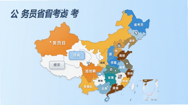 公务员省考软件省份选择界面,手机屏幕显示中国地图与各省份按钮,背景为淡蓝色渐变,包含公务员省考文字