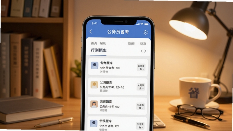 公务员省考软件主界面展示,画面中央为手机屏幕呈现行测题库列表,背景为书房书桌场景,柔和暖光,扁平化UI风格,包含公务员省考字样