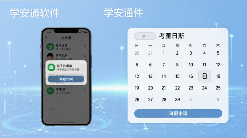 学安通门禁考勤功能界面展示,画面左侧为手机弹窗显示孩子进校通知,右侧为考勤日历与请假申请按钮,背景为淡蓝色科技感网格,突出学安通软件名称