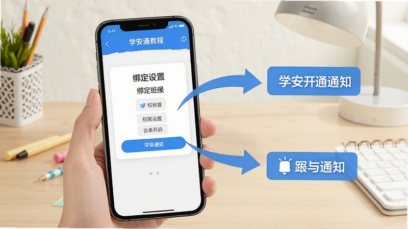 学安通使用教程示意图,画面为手机屏幕显示绑定班级步骤,旁边有箭头标注权限设置与通知开启,背景为简洁书桌场景,突出学安通操作引导