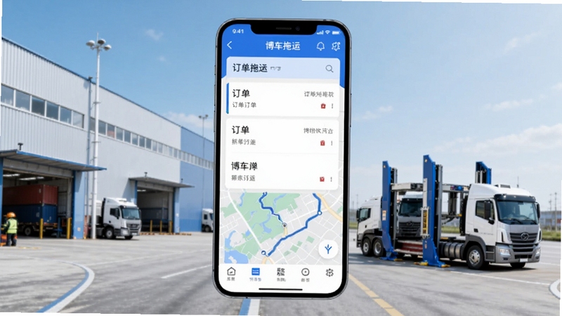 软件核心全貌展示,画面中央放置一部智能手机,屏幕显示博车拖运应用主界面,包含订单列表与地图轨迹元素,背景为现代物流园区与轿运车运输场景,整体色调以蓝色和白色为主,简洁商务风格,适配Boogu模型生成