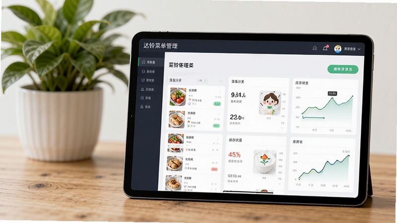 达铃菜单管理后台界面展示,平板电脑屏幕显示菜品分类和库存状态,背景为木质桌面和绿植,风格简约商务,体现达铃软件的菜单维护能力