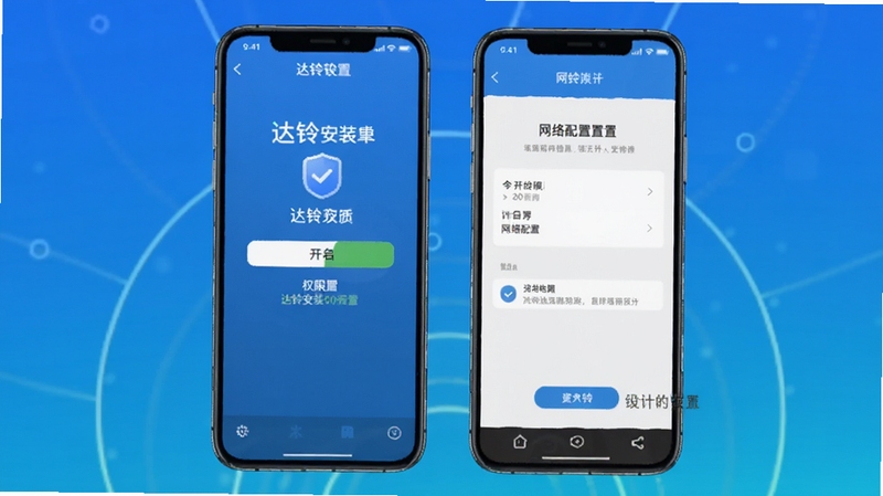 达铃软件安装设置界面截图风格,手机屏幕显示权限开启和网络配置页面,背景为简洁的科技蓝渐变,突出达铃安装过程中的关键步骤