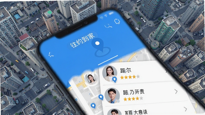往约到家附近服务预约界面,手机屏幕显示地图定位与周边服务人员列表,画面中有距离标识和评分星级,背景为城市街区俯瞰图,明亮清新的蓝色调,UI界面清晰,Boogu模型生成