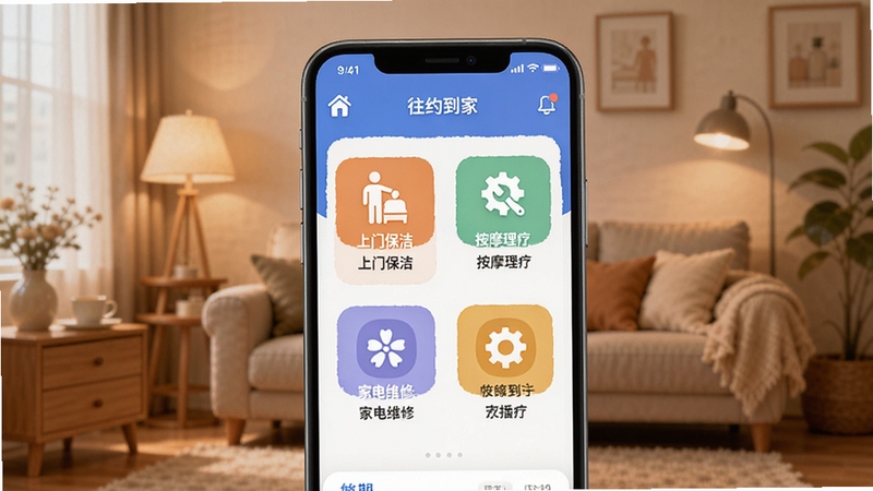 往约到家APP主界面展示,画面中央为手机屏幕,屏幕内显示往约到家应用首页,包含上门保洁、按摩理疗、家电维修等服务分类图标,背景为温馨家居环境,柔和暖色调,扁平化UI设计风格,高清细节,适配Boogu模型生成