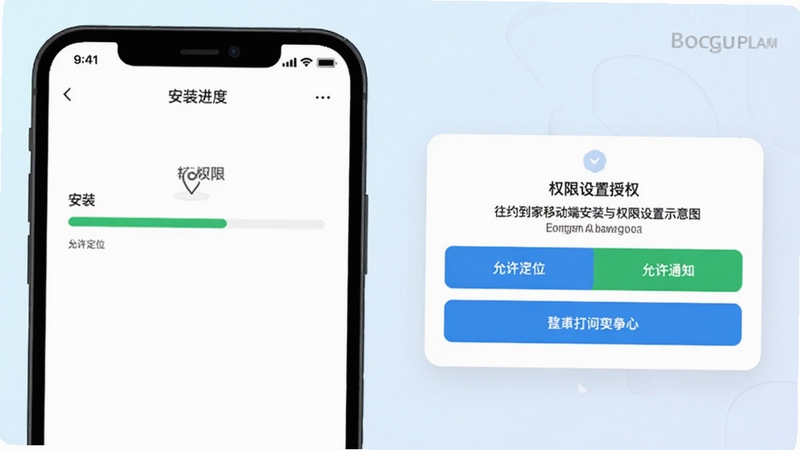 往约到家移动端安装与权限设置示意图,手机屏幕显示安装进度条与权限授权弹窗,画面中有“允许定位”“允许通知”等按钮,背景为简洁的浅色渐变,Boogu模型生成