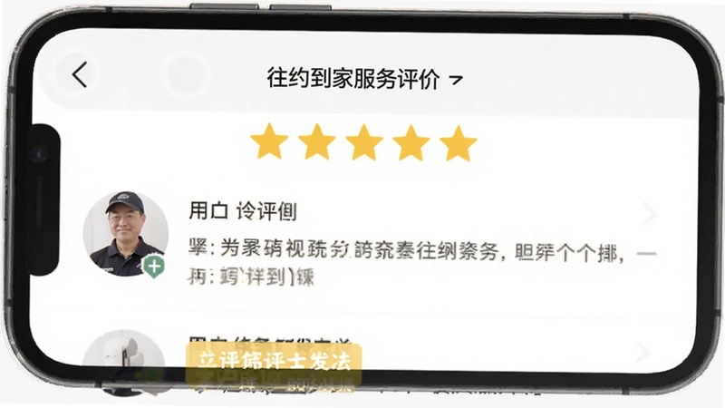 往约到家服务评价页面,手机屏幕显示五星评分与用户评价文字,画面中有服务人员头像与好评标签,背景为简洁的白色与浅灰色调,突出评价内容,Boogu模型生成